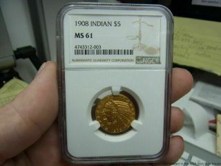 Ngc Us 1908 Indian $5 Ms61 Gold Coin