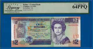 2 Dollars 1.  6.  1991 Belize P.  52b Very Choice 64 Ppq