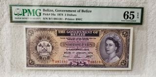 1974 Belize Pick 34a $2 Dollars Pmg 65 Epq Gem Unc