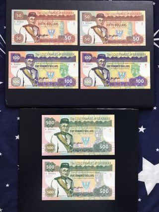 Set Of 2017 Sarawak $50,  $100 & $500 Fantasy Notes With Same Serial Number