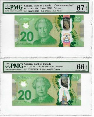 2012 & 2015 Commemorative $20 Bank Of Canada Notes Gem66 & Gem67 Pmg Graded
