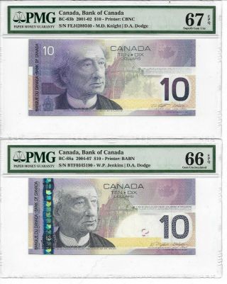Gem67 & 66 Epq $10 Security Strip & Non Security Strip $10 Bank Of Canada Pmg
