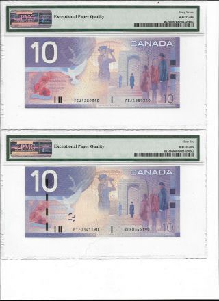 GEM67 & 66 EPQ $10 Security Strip & Non Security Strip $10 Bank of Canada PMG 2