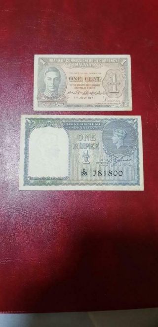 India Kgvi 1941 - 43 One Rupee & Malaya 1 Cent 1941.