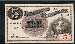 5 Kronor From Sweden 1942 Unc