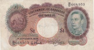 1 Dollar Vg Banknote From British Colony Of Barbados 1939 Pick - 2b Extra Rare