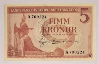 Iceland - 5 Kronur - 1957 - Pick 37a - Buff Paper/first Printing - S/n A 700224,  Unc.