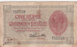 1 Rupee Vg Banknote From British Colony Of Seychelles 1936 Pick - 2f Extra Rare