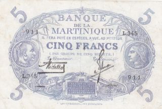5 Francs Fine Banknote From French Martinique 1930 