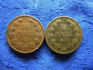 Finland 10 Pennia 1876 Large & Small Date,  Km5.  2