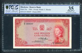 Rhodesia 1 Pound Prefix G4 Reserve Bank 14th Sept 1964 P25a Choice Vf Graded 35