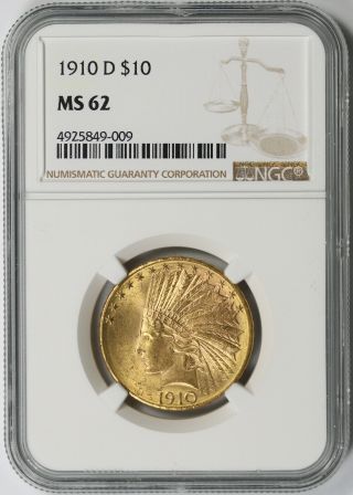 1910 - D Indian Head Eagle Gold $10 Ms 62 Ngc