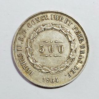 1864 Brazil 500 Réis Pedro Ii Silver (. 917) Coin Km 464