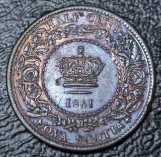 Old Canadian Coin 1861 Nova Scotia - Die Clash Half Cent - Bronze - Victoria