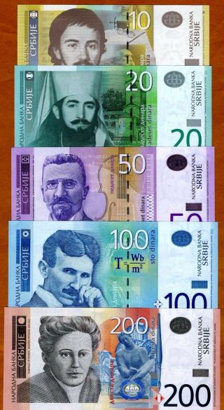 Set Serbia,  10;20;50;100;200 Dinara,  2010 - 2016,  Unc