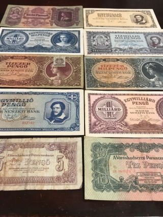 Hungarian Old Circulated Paper Money.  10 Different Paper Money.
