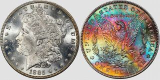 1885 - P Morgan Dollar PCGS MS63 True Rainbow Bag Toned Color Textile Toning 7