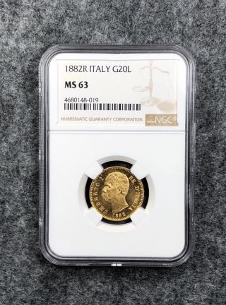 1882 R Italy 20 Lire Gold Coin Umberto Ngc Ms63 Great World Foreign Gold Rome