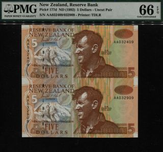 Tt Pk 177d Nd (1992) Zealand 5 Dollars " Sir E Hillary " Pmg 66 Epq Uncut Sheet