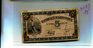 Martinique 1942 5 Francs Currency Note G Vg 5827m