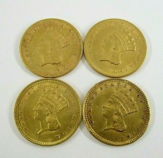 4 Type 3 United States 1856 & 1857 $1 Dollar Indian Princess Head Gold Coins