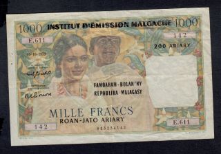 Madagascar 1000 Francs (1961) Pick 54 Vf.
