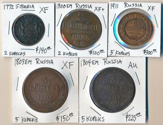 (1772 - 1911) Five Siberia & Russia Coppers Xf & Au Cat Value $900,  Usd No Rsrv
