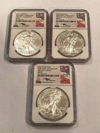 2016 W 3 Coin Set (p) (d) (w) Silver S$1 Eagles Ngc Ms70 Signed Mercanti