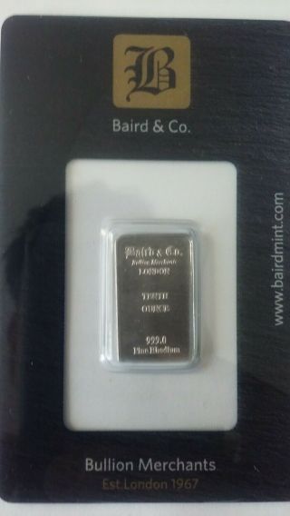 Baird & Co.  1/10 Oz.  999 Fine Rhodium Bar.  Assay Card.  Precious Metal
