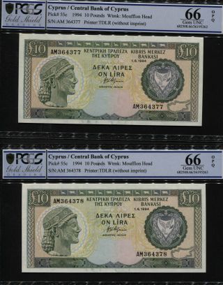 Tt Pk 55c 1994 Cyprus Central Bank 10 Pounds Pcgs 66 Opq Sequential Gem Set