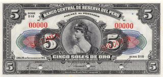 Peru 5 Soles 26.  9.  1941 P 66s Series D 10 Specimen Uncirculated Banknote