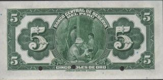 Peru 5 Soles 26.  9.  1941 P 66s Series D 10 Specimen Uncirculated Banknote 2