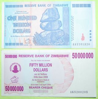 Zimbabwe 100 Trillion Dollars Currency | 2008 Aa | Unc |,  50 Million Bill