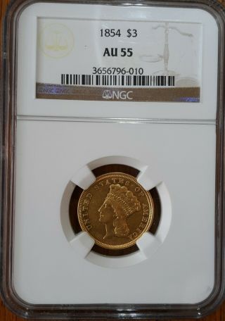 1854 $3 Gold Indian Princess,  Ngc Au55 (best Buy On Ebay,  Scarce Denomination. )