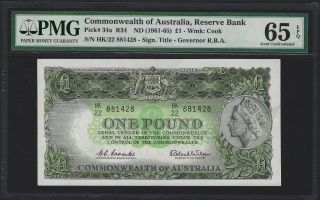 1961 Australia 1 Pound,  P - 34 Reserve Bank,  Pmg 65 Epq,  Gem Unc,  Pretty Qeii Note