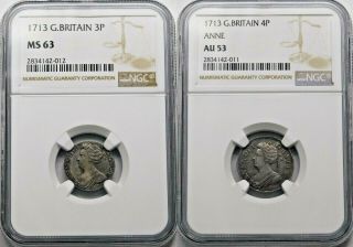 1713 Anne 4 - Piece Ngc Certified Maundy Set.  Ms 63 - Au 53 British Silver Coins.
