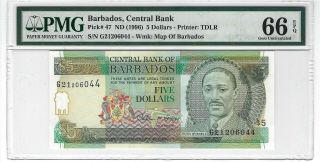 P - 47 1996 5 Dollars,  Barbados Central Bank,  Pmg 66epq Gem,