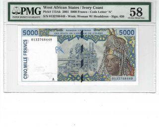 P - 113ak 2001 5000 Francs,  West African States / Ivory Coast Pmg 58 Choice About