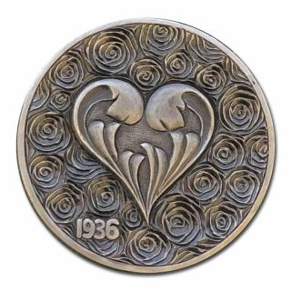 Hobo Nickel Coin 1936 Buffalo Heart & Roses Hand Engraved By Gediminas Palsis