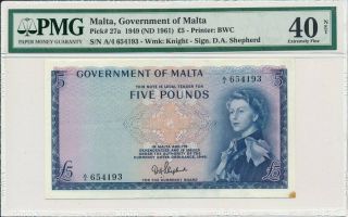 Government Of Malta Malta 5 Pounds 1949 Au With Stain At Corner Pmg 40net