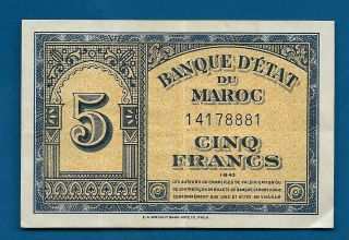 Ww2 Morocco 5 Francs 1943 P - 24 Printed By E.  A.  Wright Bank Note Co.  Philadelphia