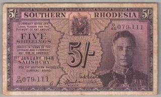 561 - 0063 Southern Rhodesia | Kgvi Currency Board,  5 Shillings,  1948,  P 8b,  Vf