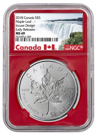 2018 Canada 1 Oz Silver Maple Leaf - Incuse $5 Ngc Ms69 Er Red Sku52140