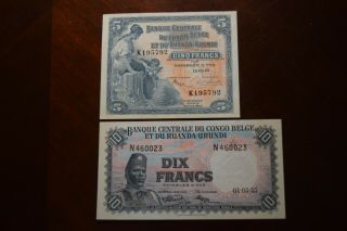 Congo Belge Ruanda Urundi Banknote 1953 5 Francs & 1955 10 Francs Unc