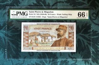 Saint Pierre & Miquelon:p - 24,  20 Francs,  1950 Emile Gentil Pmg Gem Unc 66 Epq