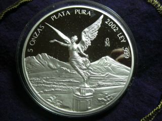 2002 Mexico 5 Oz Silver Libertad Proof Coin Low Mintage Km 615