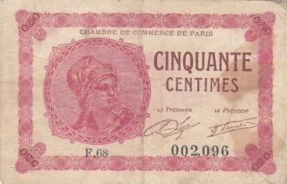 50 Centimes Vg Banknote From France/paris 1920