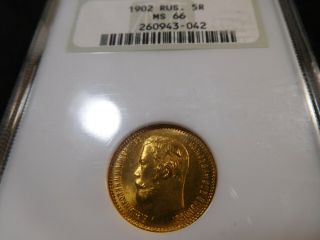 Z5 Russia Empire 1902 Gold 5 Roubles Ngc Ms - 66 Old Fatty Holder