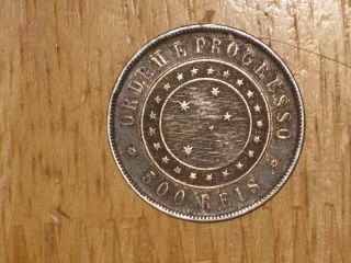 Brazil 1889 Silver 500 Reis Coin Very Fine