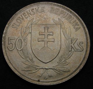 Slovakia 50 Korun 1944 - Silver - 5th Ann.  Of Independence - Aunc - 3504